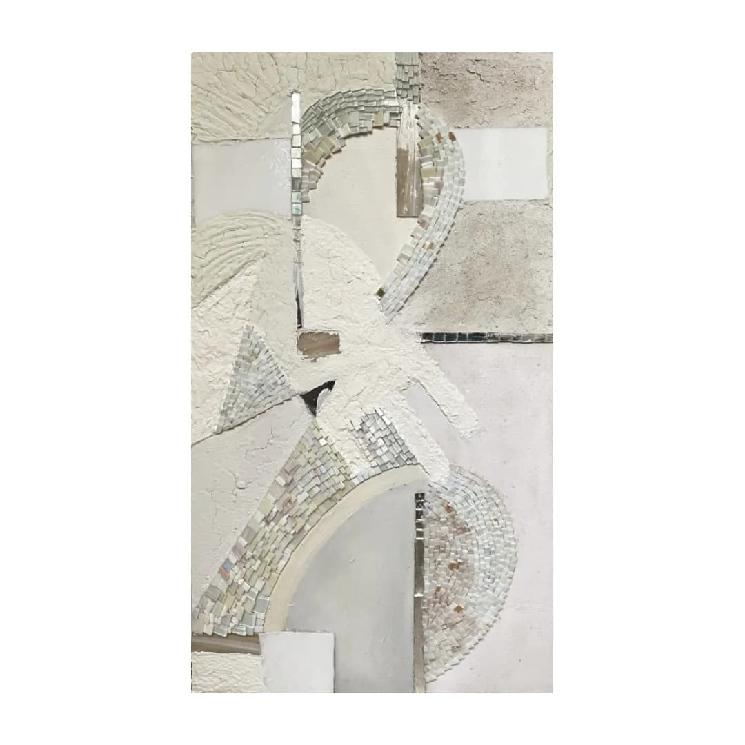 Wall piece “Assembled Space” by Polina Bortina, mixed media: plywood, metal, stained glass, mosaic, acrylic, 40 × 76 cm