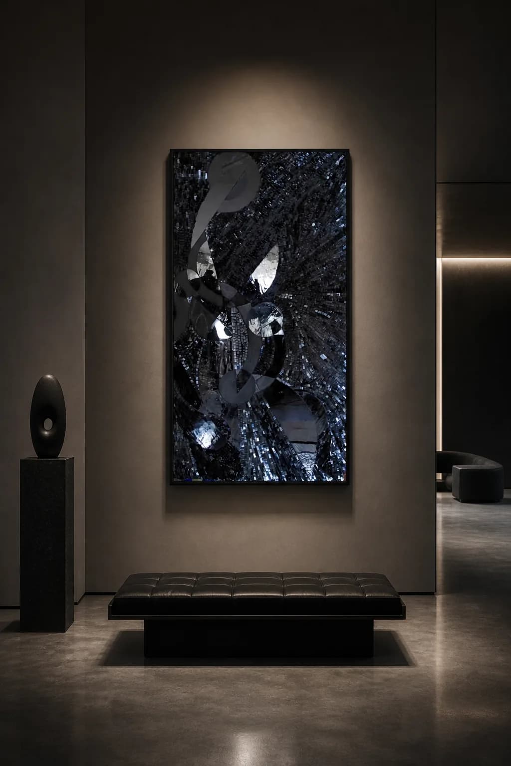 Wall piece “Dark Symphony of Reflections” by Polina Bortina, mixed media: plywood, metal, stained glass, mosaic, acrylic, 44 × 77 cm, detail 1