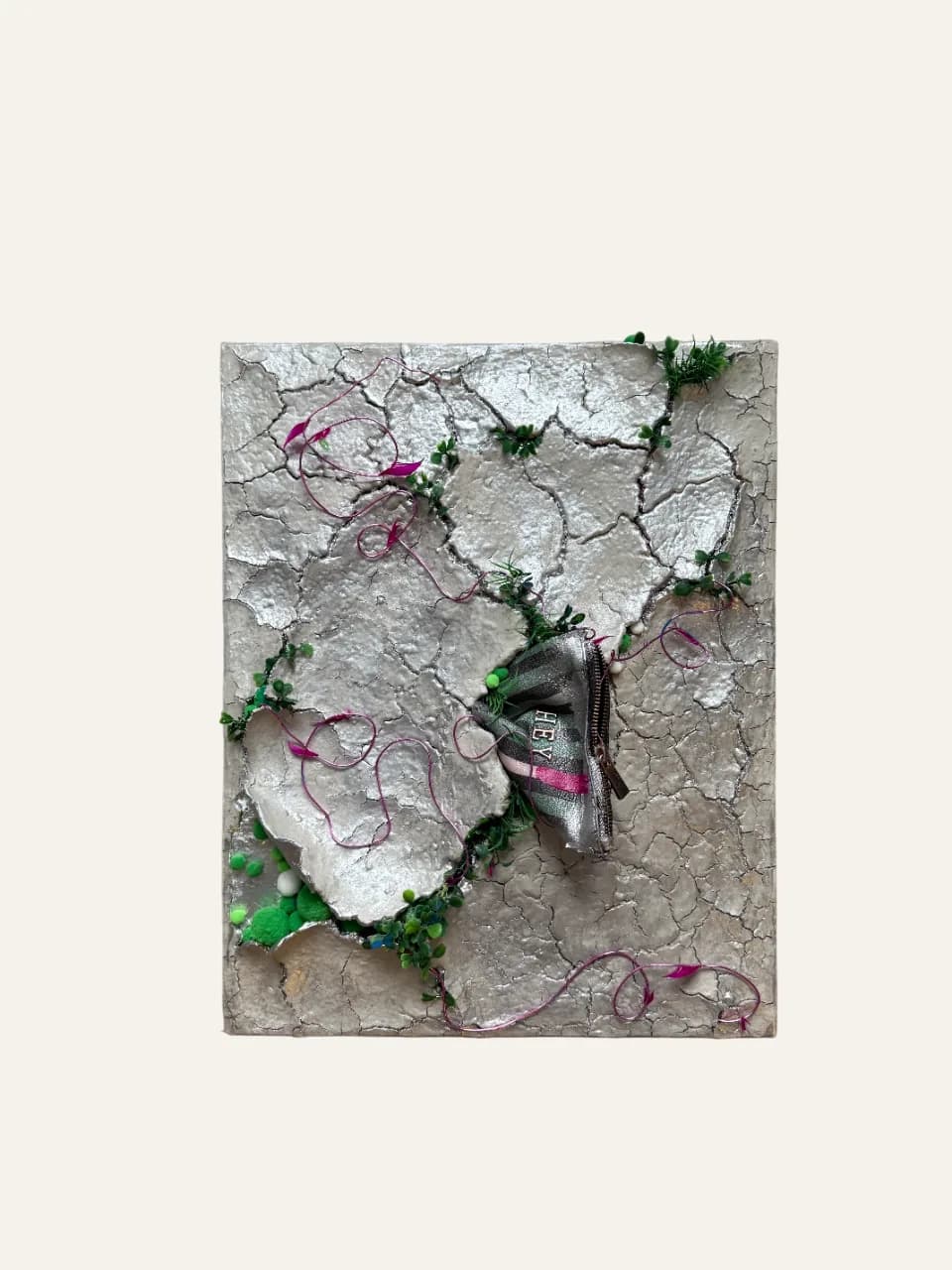 Painting “Sprouting” by Polina Bortina, mixed media: canvas, acrylic, textile, metal, 40 × 50 cm