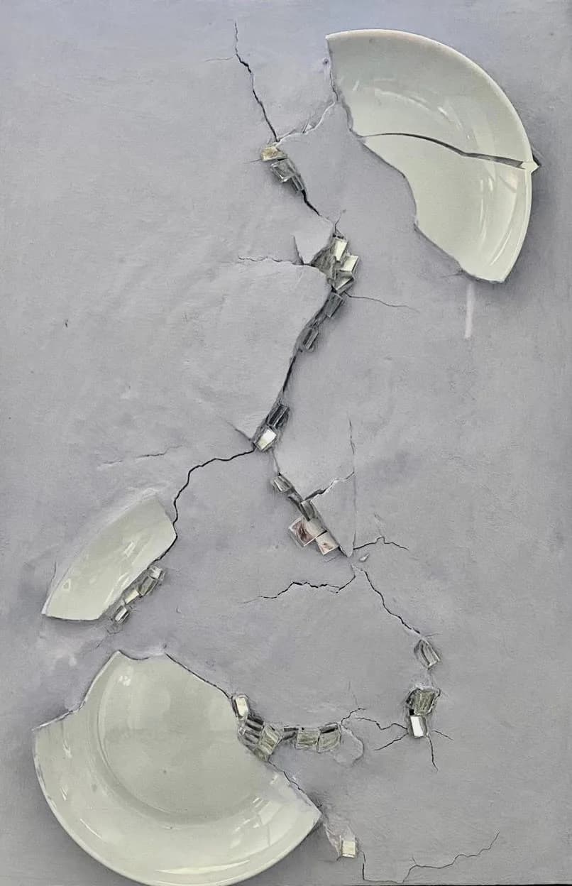 Painting “Where Space Breaks” by Polina Bortina, mixed media: canvas, acrylic, porcelain, 40 × 60 cm